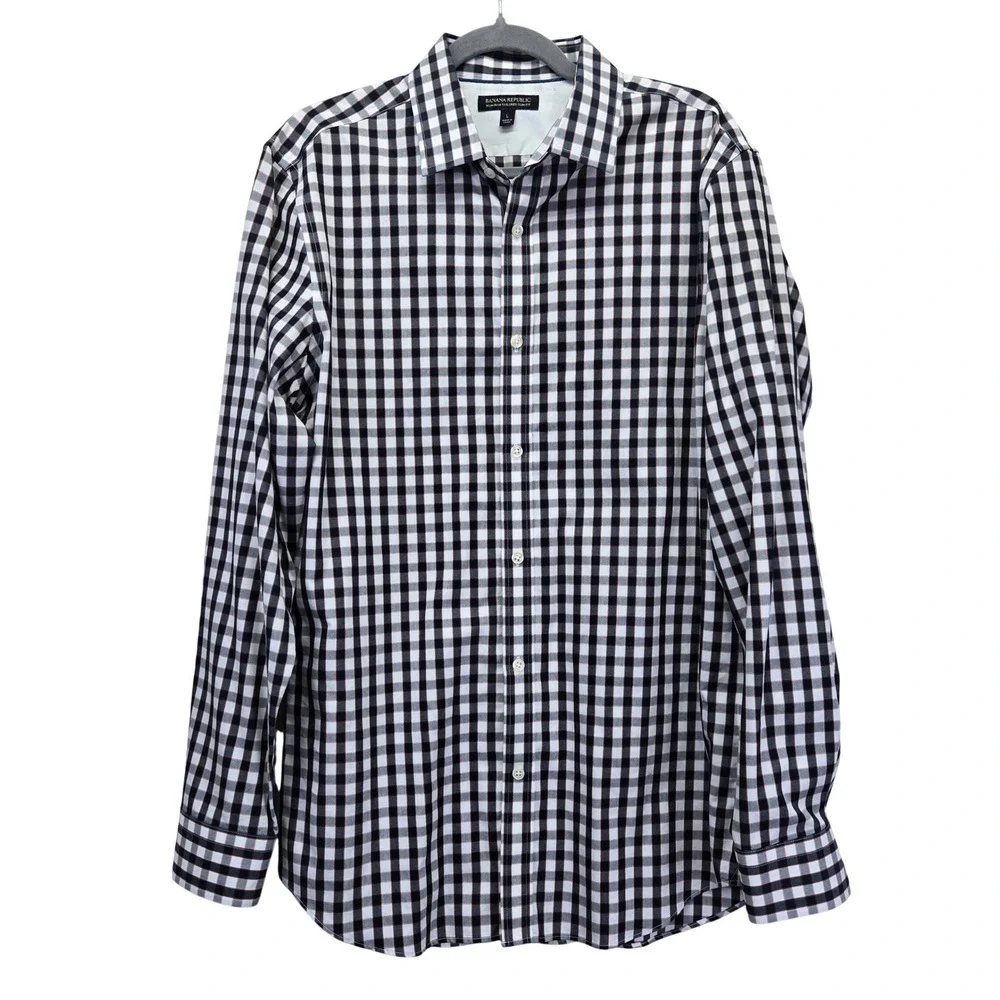 Banana Republic Mens Tailored Slim Fit Non-Iron Gingham Shirt Large Navy‎ Orange